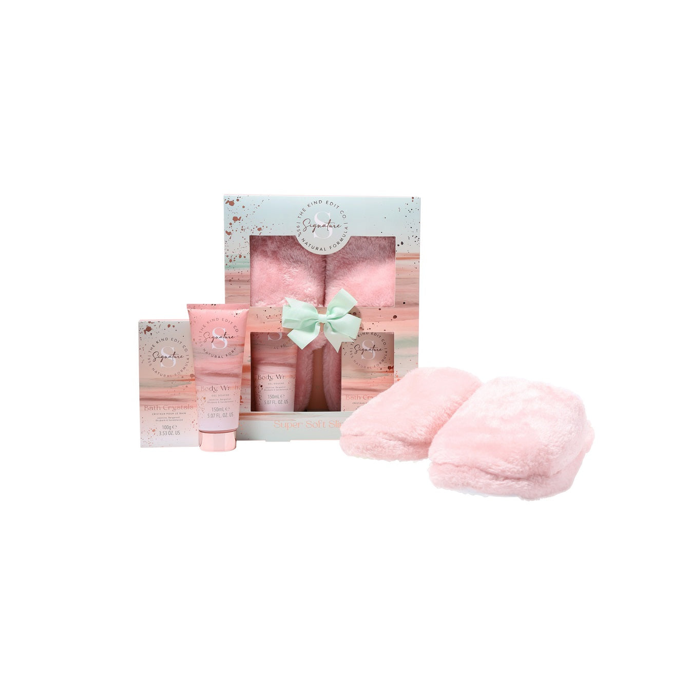 The Kind Edit Co. Signature Slippers Gift Set 150ml Body Wash - 100g Bath Crystals - 1 Pair Slippers - Peacock Bazaar