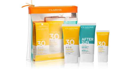 Clarins Essential Sun Care Travel Set 50ml Very High Protection Sun CreamSPF50 - 15ml Gentle Peeling - 75ml Soothing After Sun Balm - Peacock Bazaar