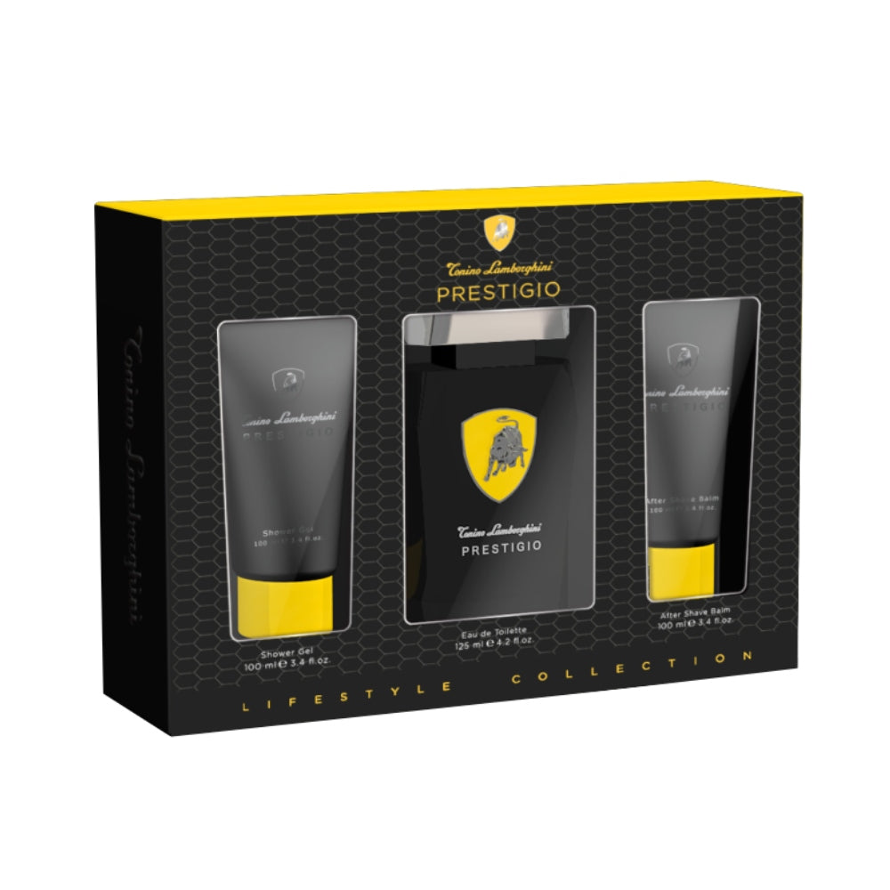 Lamborghini Prestigio Gift Set 125ml EDT Spray - 100ml Shower Gel - 100ml Aftershave Balm - Peacock Bazaar