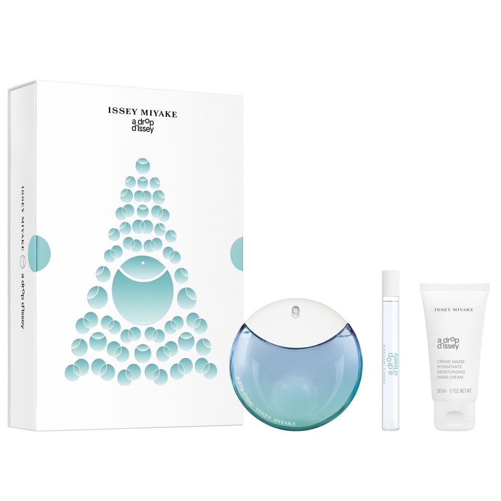 Issey Miyake A Drop d'Issey Gift Set 90 EDP Spray - 50ml Moisturising Hand Cream - 10ml EDP Purse Spray - Peacock Bazaar