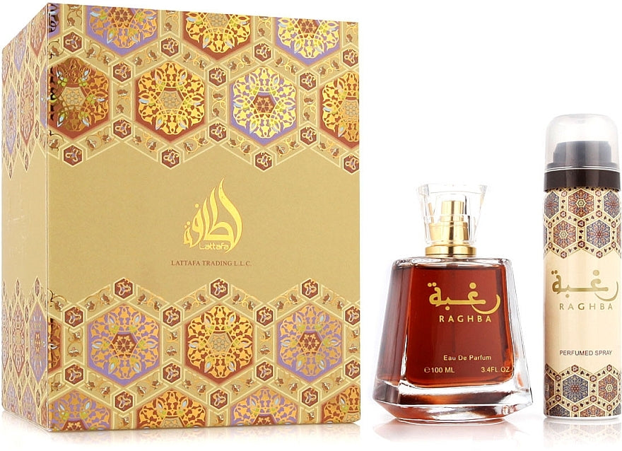 Lattafa Perfumes Raghba Gift Set 100ml EDP - 50ml Deodorant Spray - Peacock Bazaar